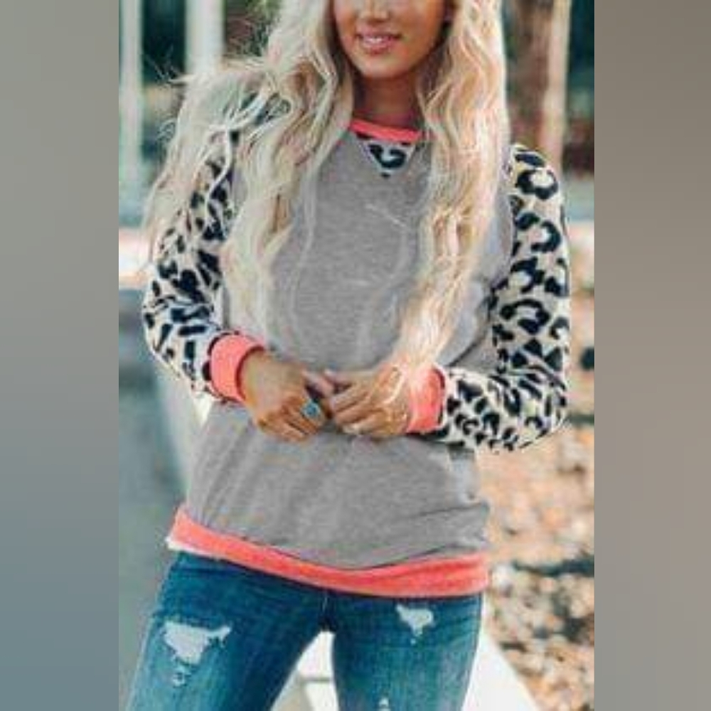 Gray coral pink black leopard top